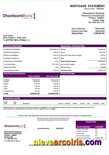 India Dhanlaxmi Bank mortgage statement Word and PDF template